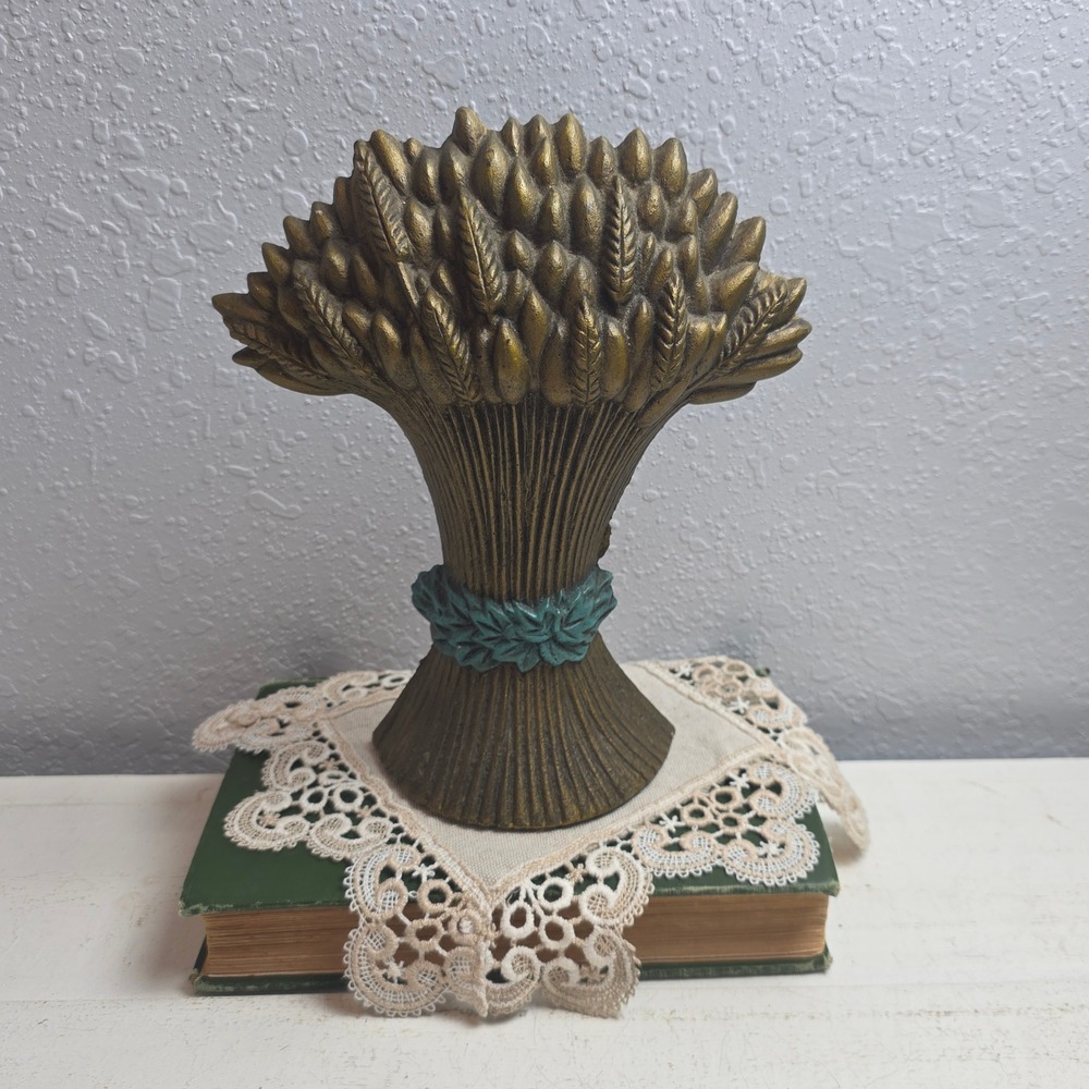 Vintage 1992 Lillian Vernon Cast Iron Sheaf of Wheat Doorstop Bookend Gold Teal